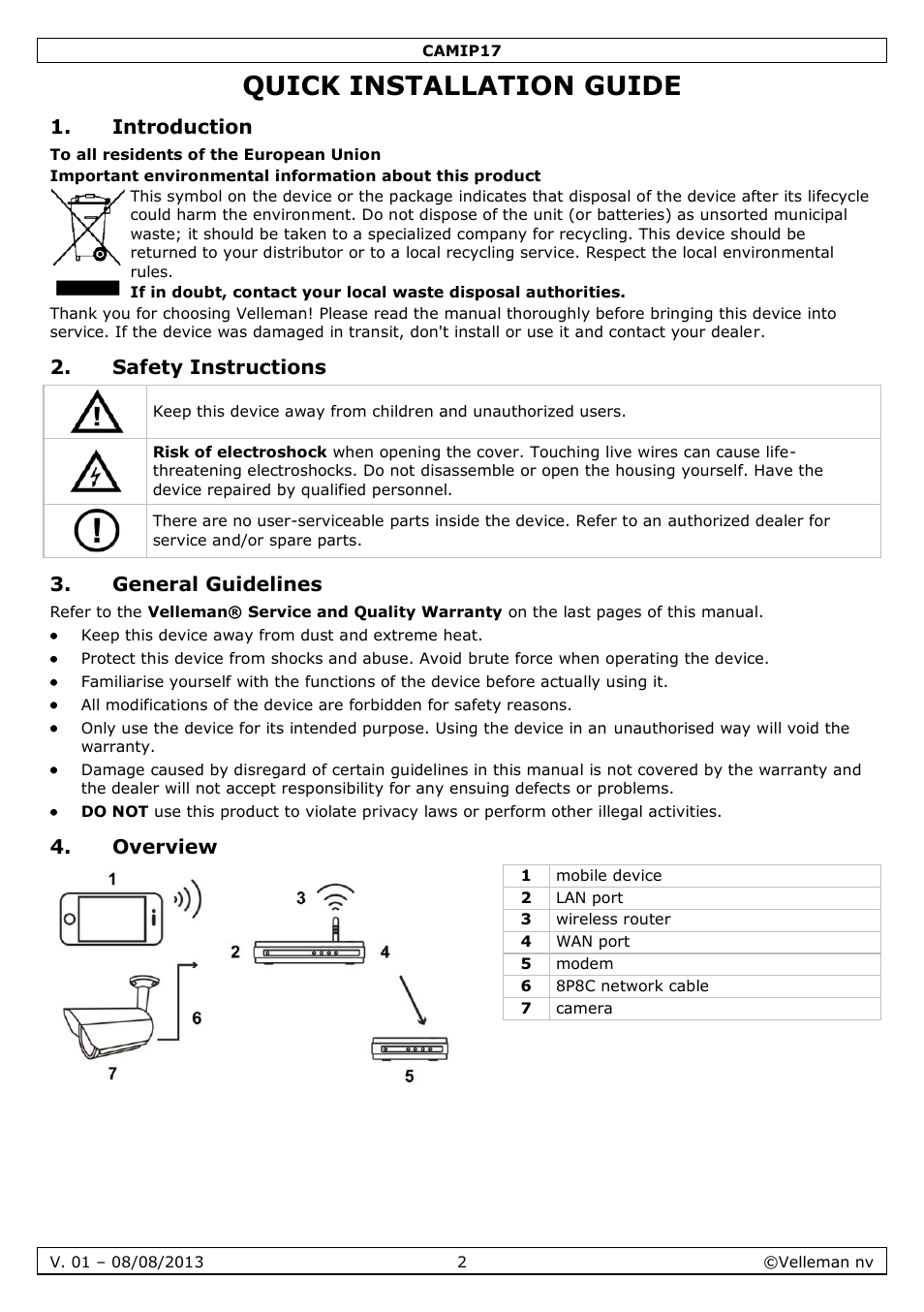 Quick installation guide, Introduction, Safety instructions | General guidelines, Overview | Velleman CAMIP17 User manual User Manual | Page 2 / 37