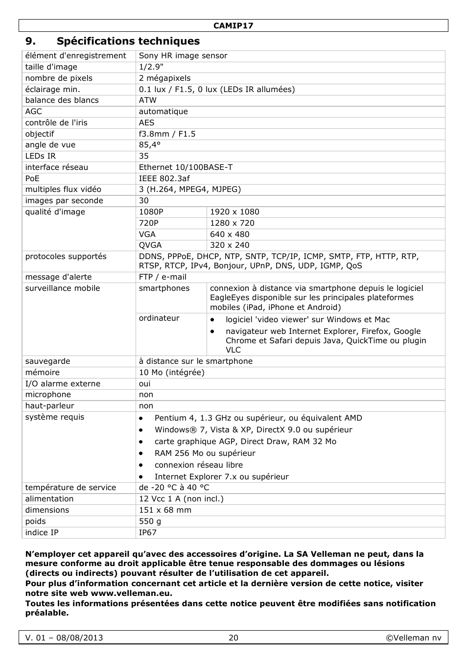 Spécifications techniques | Velleman CAMIP17 User manual User Manual | Page 20 / 37