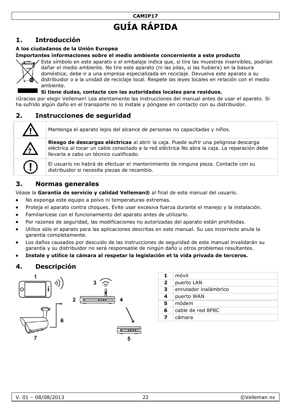 Guía rápida, Introducción, Instrucciones de seguridad | Normas generales, Descripción | Velleman CAMIP17 User manual User Manual | Page 22 / 37