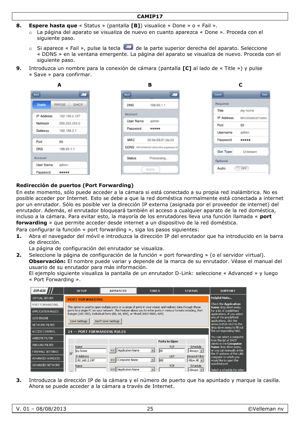 Redirección de puertos (port forwarding) | Velleman CAMIP17 User manual User Manual | Page 25 / 37
