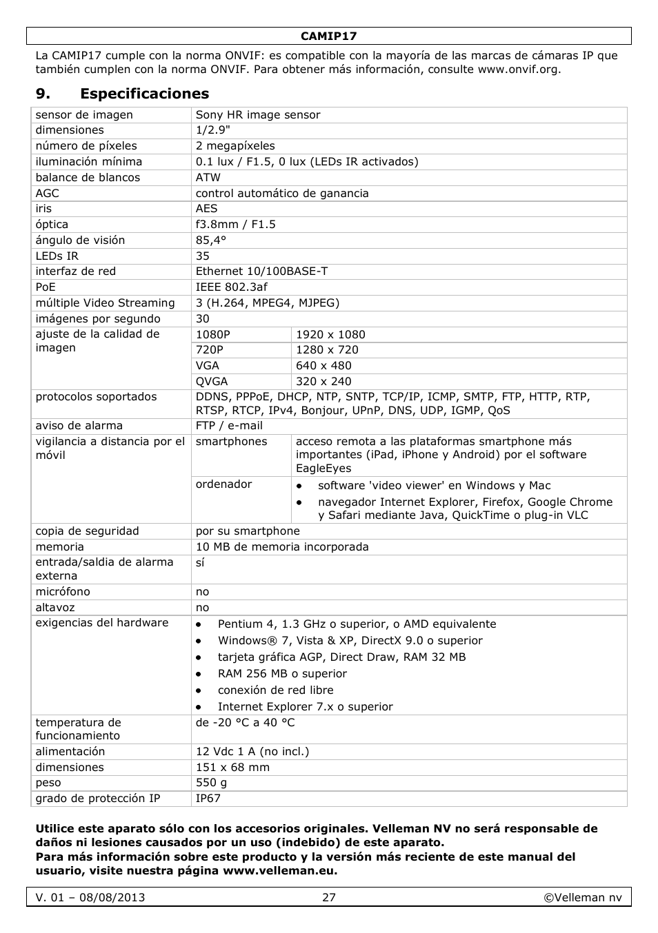 Especificaciones | Velleman CAMIP17 User manual User Manual | Page 27 / 37