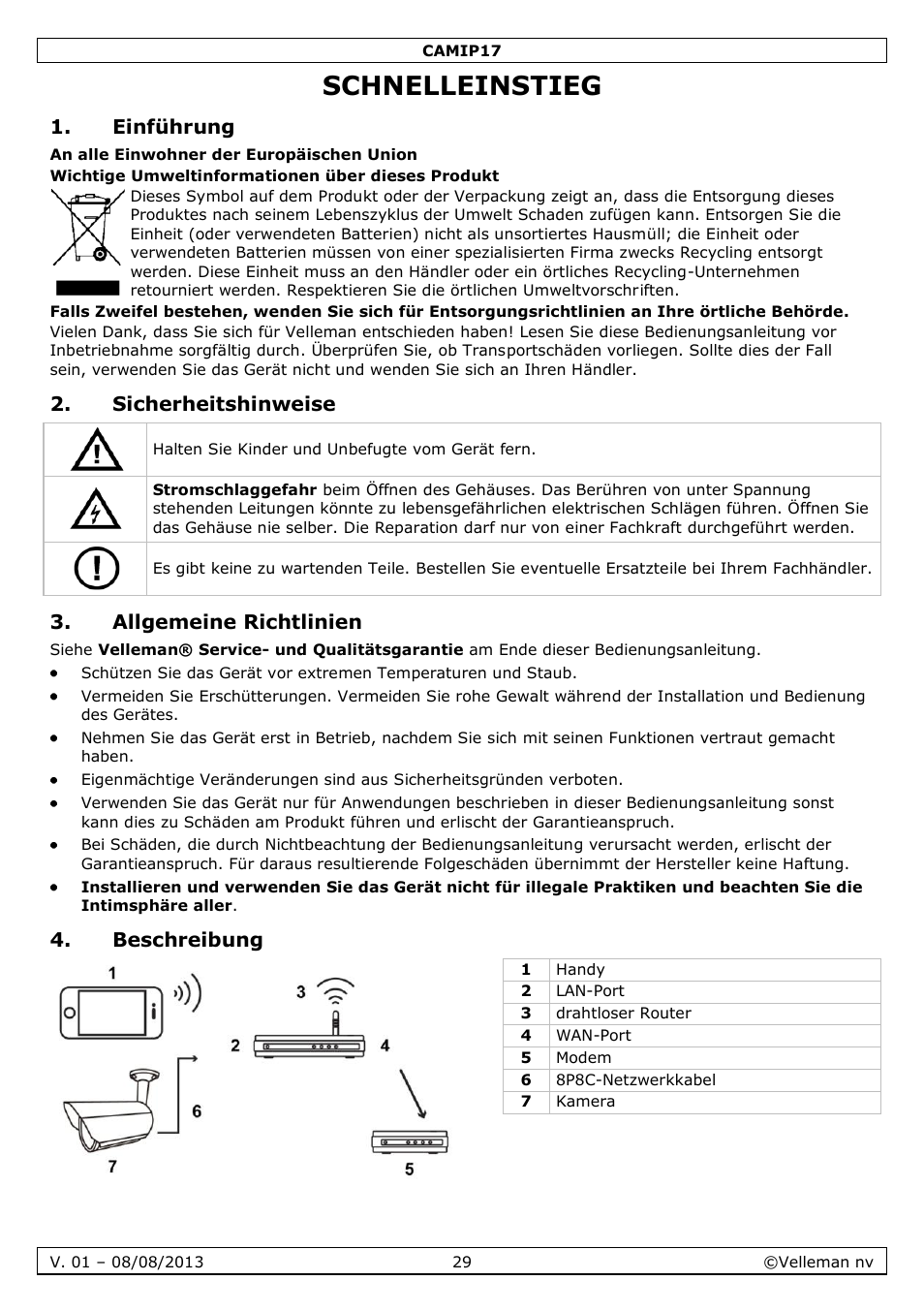 Schnelleinstieg, Einführung, Sicherheitshinweise | Allgemeine richtlinien, Beschreibung | Velleman CAMIP17 User manual User Manual | Page 29 / 37