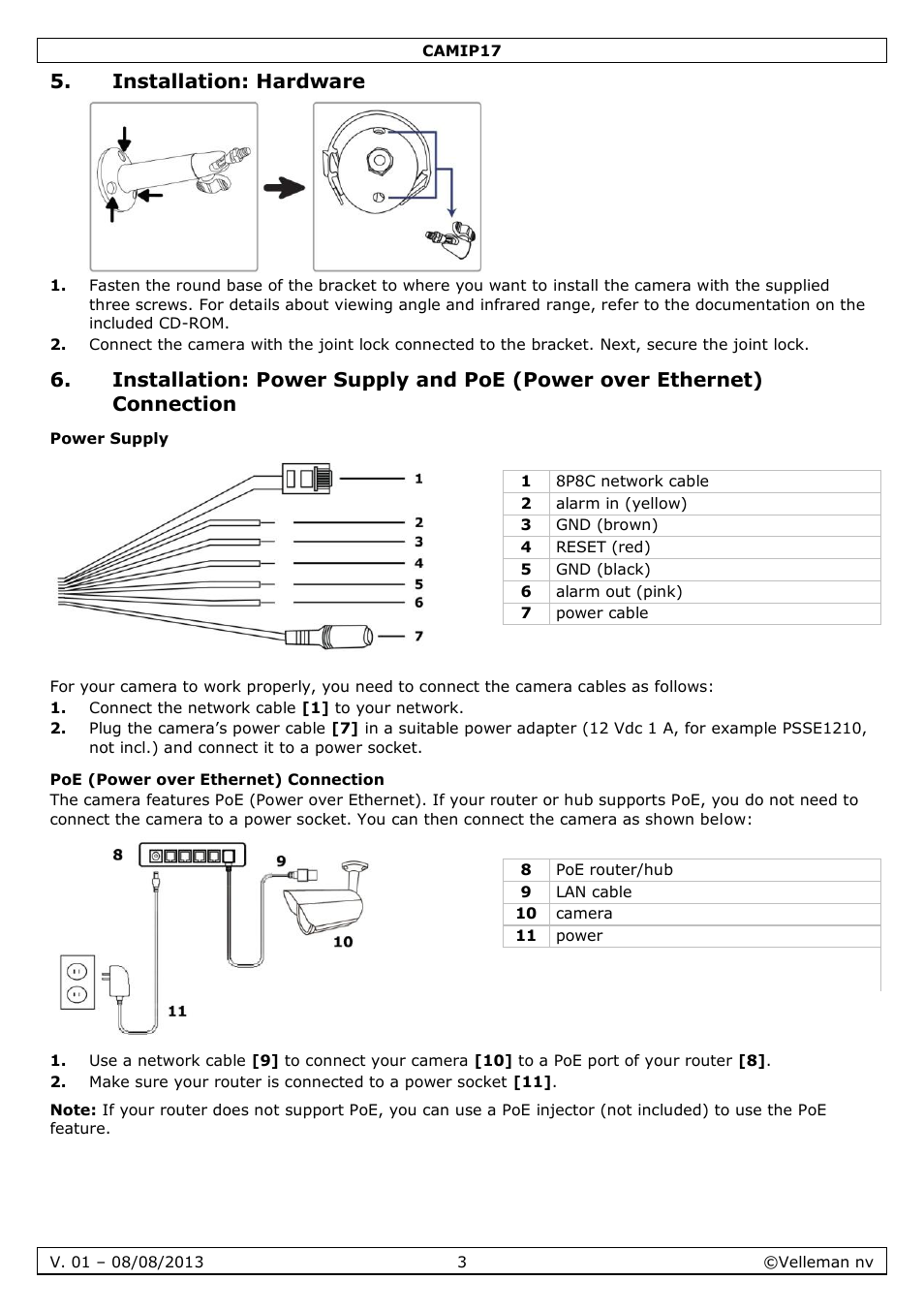 Installation: hardware, Power supply, Poe (power over ethernet) connection | Velleman CAMIP17 User manual User Manual | Page 3 / 37