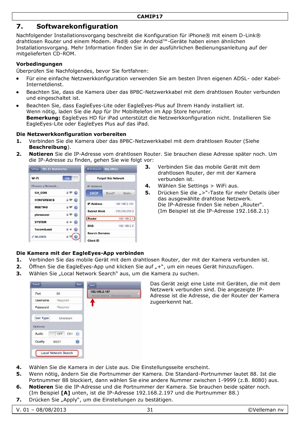 Softwarekonfiguration, Vorbedingungen, Die netzwerkkonfiguration vorbereiten | Die kamera mit der eagleeyes-app verbinden | Velleman CAMIP17 User manual User Manual | Page 31 / 37