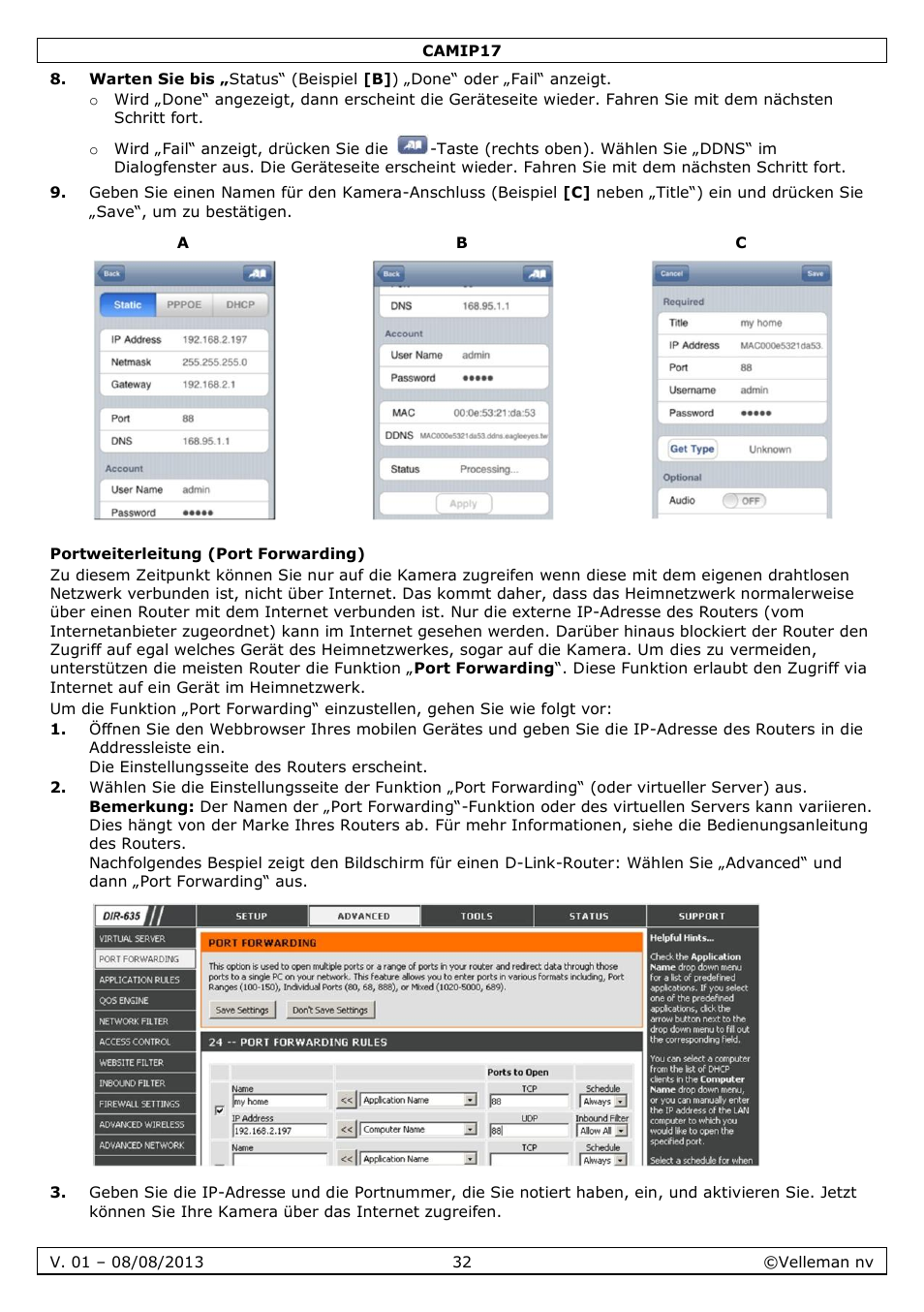 Portweiterleitung (port forwarding) | Velleman CAMIP17 User manual User Manual | Page 32 / 37