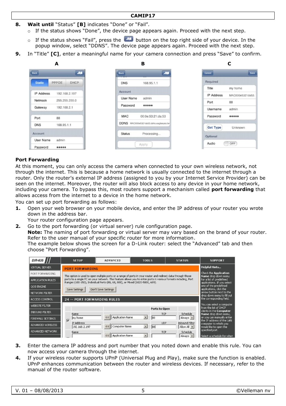 Port forwarding | Velleman CAMIP17 User manual User Manual | Page 5 / 37