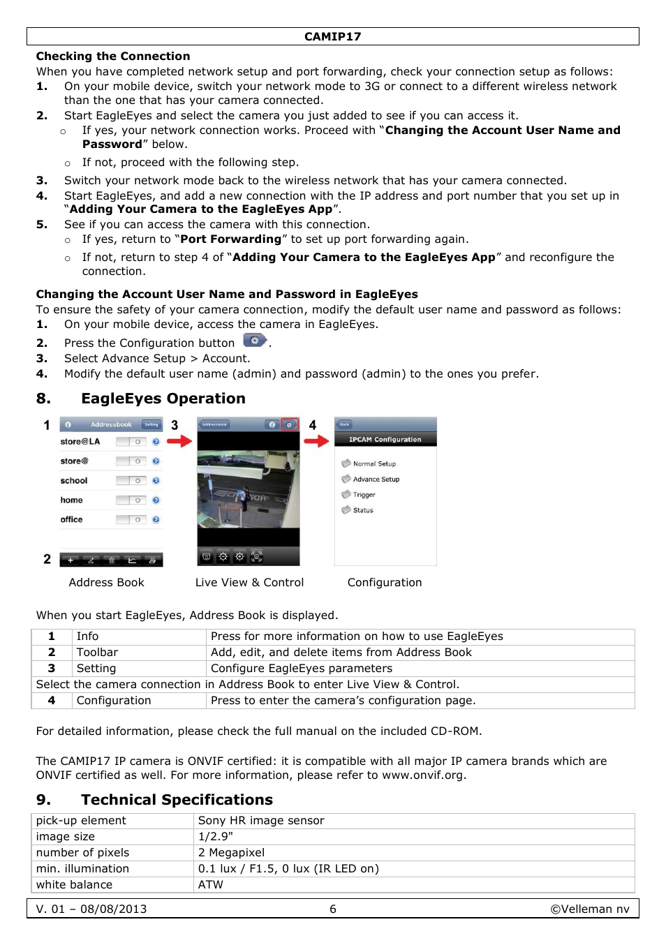 Checking the connection, Eagleeyes operation, Technical specifications | Velleman CAMIP17 User manual User Manual | Page 6 / 37