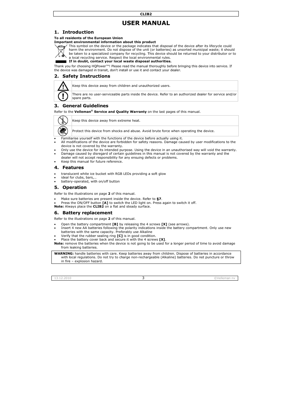 User ma, Anual, Troduction | Fety instruc, Neral guide, Atures, Eration, Ttery replac, Ctions, Elines | Velleman CLIB2 User Manual | Page 3 / 11