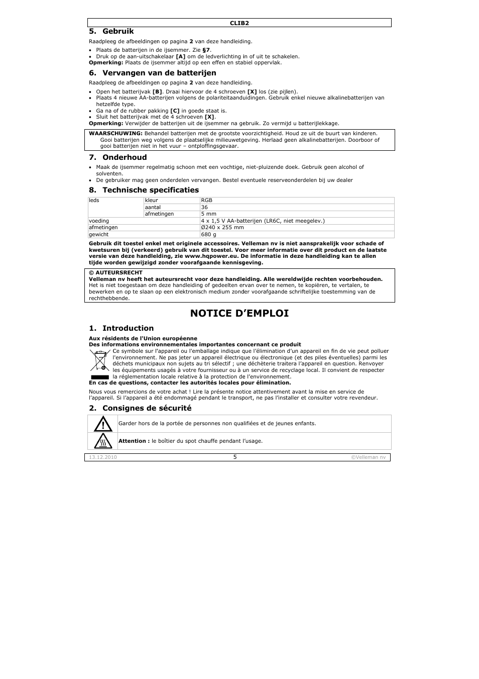 Otice d, Emploi, Bruik | Rvangen va, Derhoud, Chnische sp, Troduction, Nsignes de, N de batter, Pecificaties | Velleman CLIB2 User Manual | Page 5 / 11