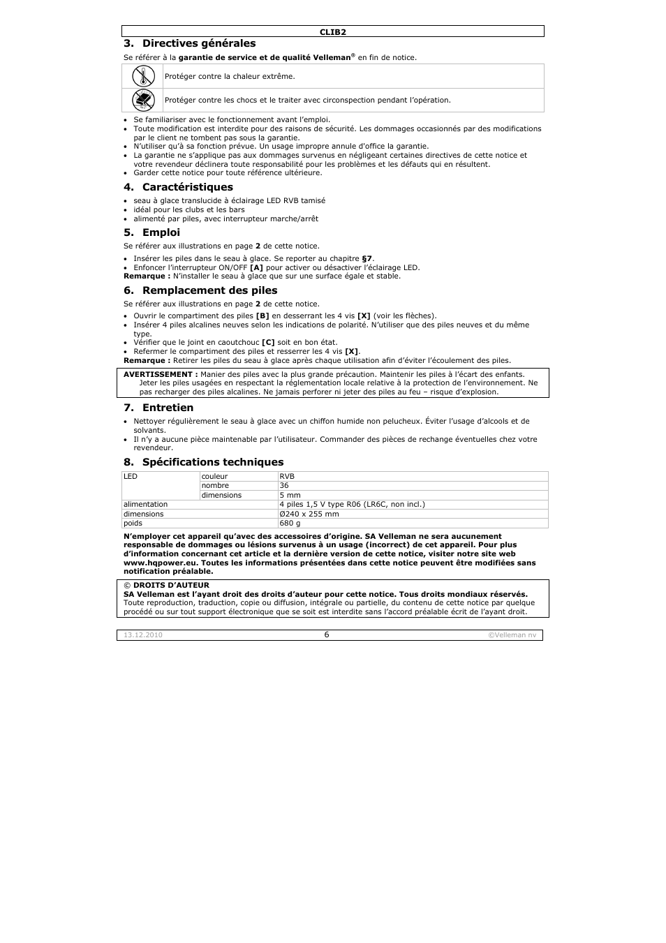 Directives générales, Caractéristiques, Emploi | Remplacement des piles, Entretien, Spécifications techniques | Velleman CLIB2 User Manual | Page 6 / 11