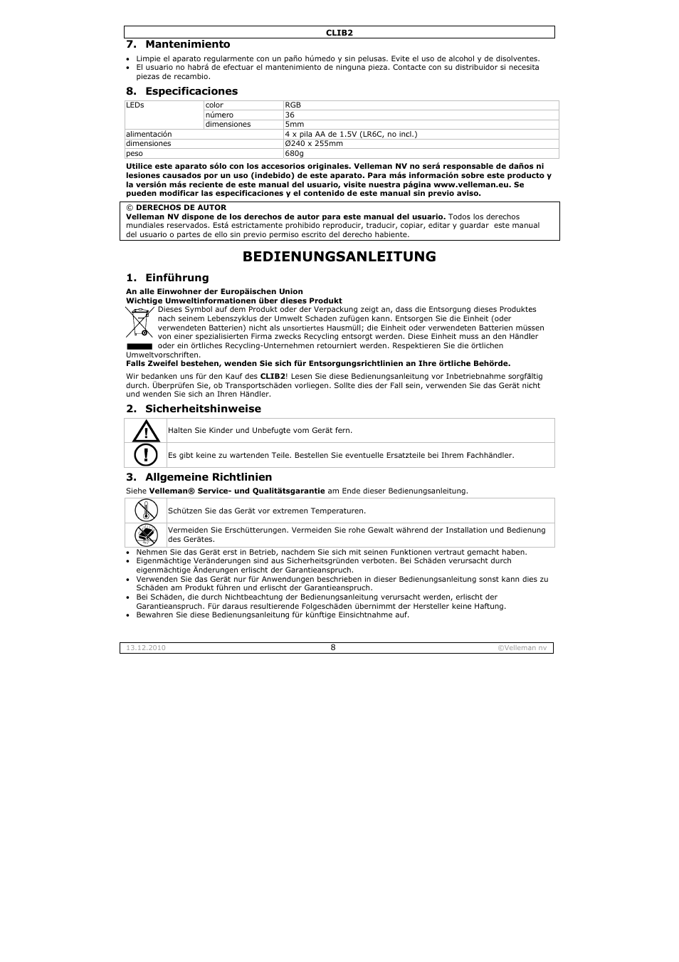 Bedie, Enungs, Anleitu | Allg, Ntenimient, Pecificacion, Nführung, Cherheitshin, Gemeine ri, Nweise | Velleman CLIB2 User Manual | Page 8 / 11