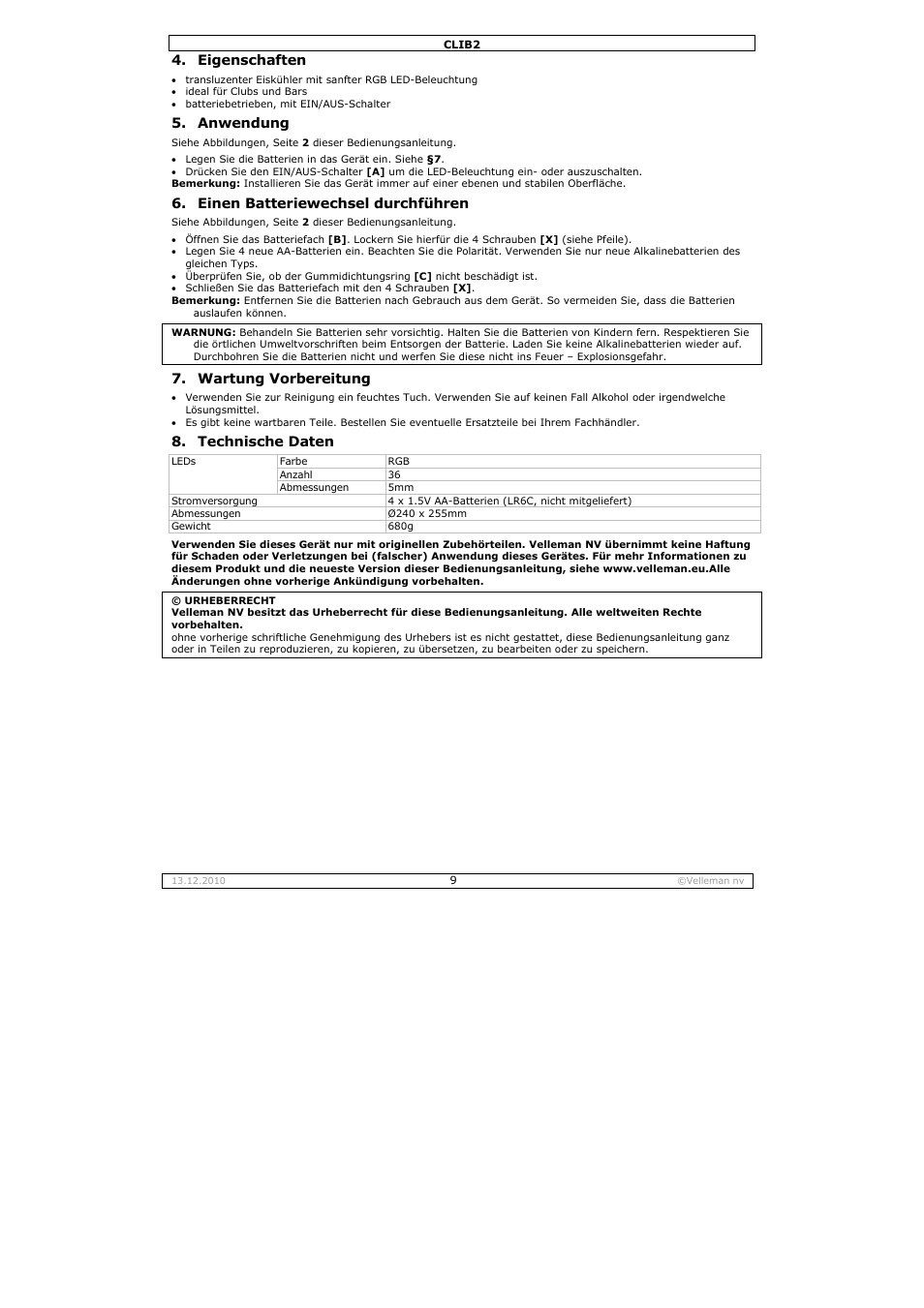 Eigenschaften, Anwendung, Einen batteriewechsel durchführen | Wartung vorbereitung, Technische daten | Velleman CLIB2 User Manual | Page 9 / 11