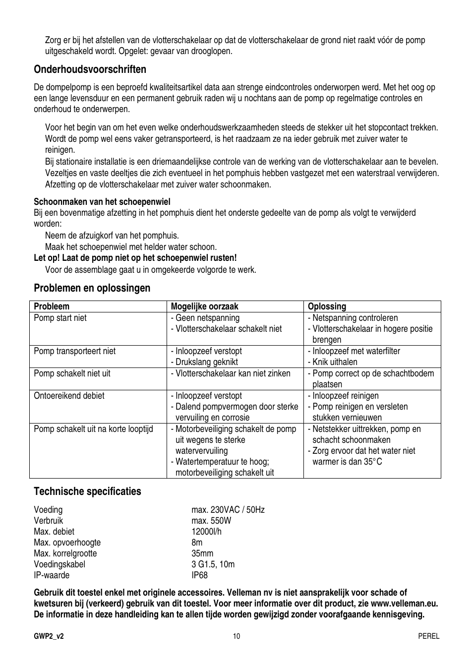 Onderhoudsvoorschriften, Problemen en oplossingen, Technische specificaties | Velleman GWP2 User Manual | Page 10 / 19