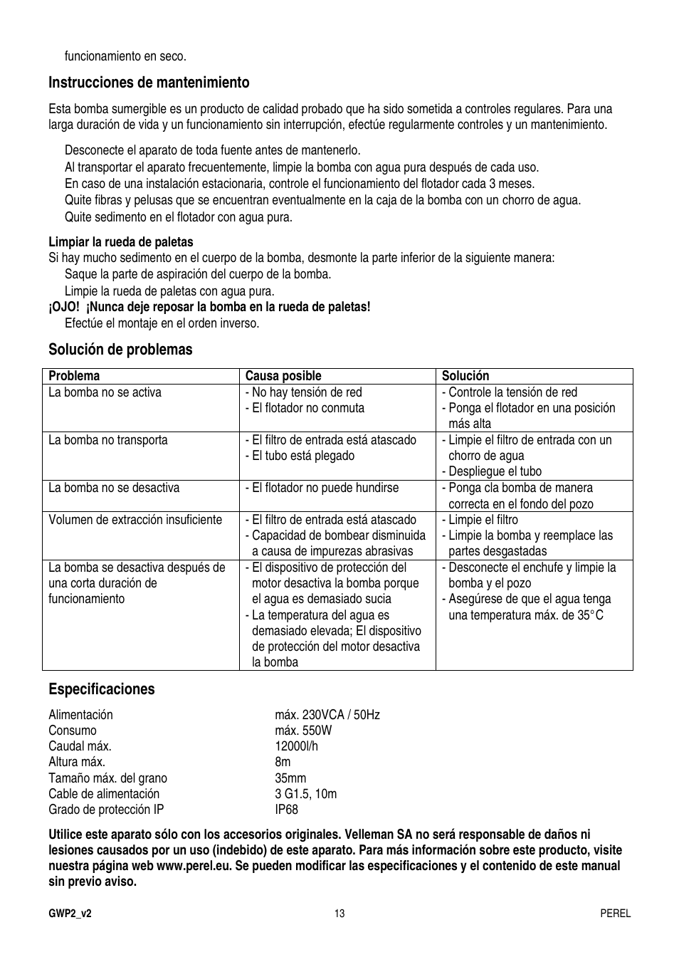 Instrucciones de mantenimiento, Solución de problemas, Especificaciones | Velleman GWP2 User Manual | Page 13 / 19