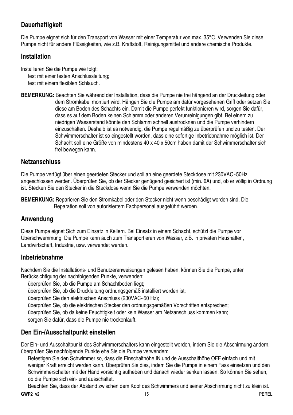 Dauerhaftigkeit, Installation, Netzanschluss | Anwendung, Inbetriebnahme, Den ein-/ausschaltpunkt einstellen | Velleman GWP2 User Manual | Page 15 / 19