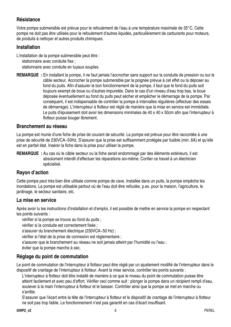 Résistance, Installation, Branchement au réseau | Rayon d’action, La mise en service, Réglage du point de commutation | Velleman GWP2 User Manual | Page 6 / 19