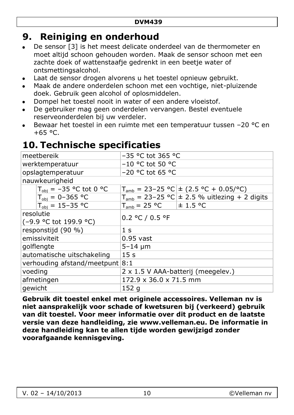 Reiniging en onderhoud, Technische specificaties | Velleman DVM439 User Manual | Page 10 / 28