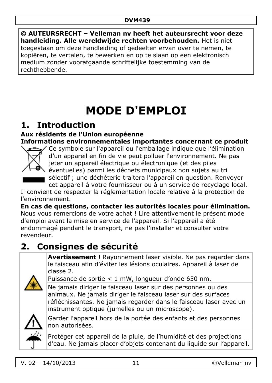 Mode d'emploi, Introduction, Consignes de sécurité | Velleman DVM439 User Manual | Page 11 / 28