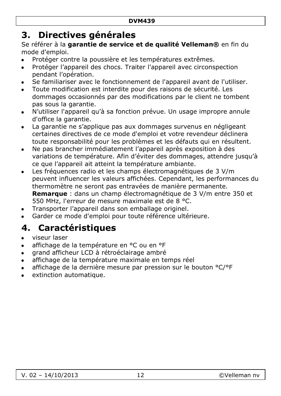 Directives générales, Caractéristiques | Velleman DVM439 User Manual | Page 12 / 28
