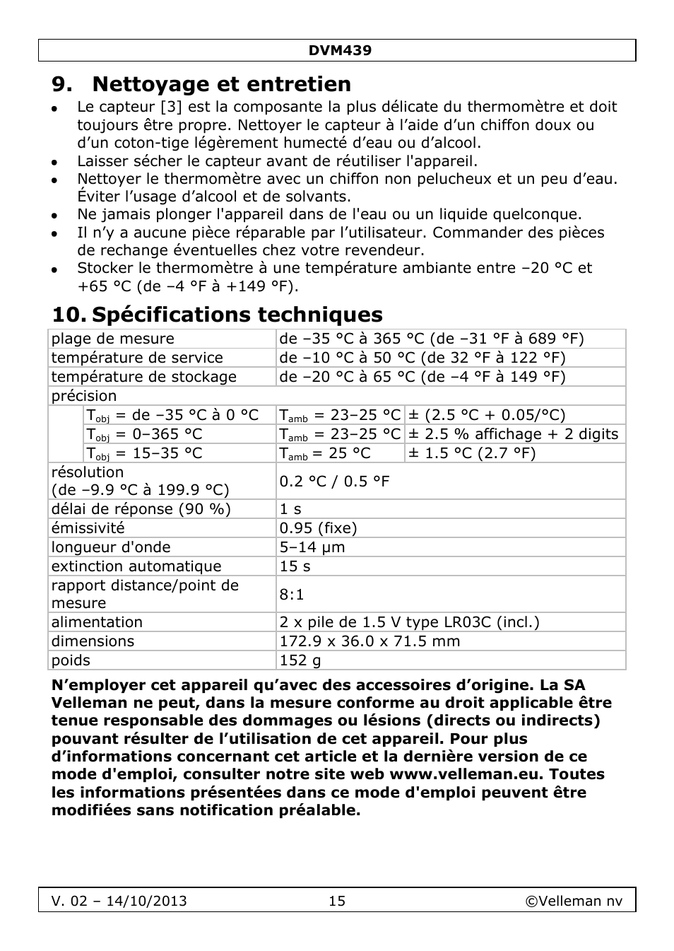 Nettoyage et entretien, Spécifications techniques | Velleman DVM439 User Manual | Page 15 / 28