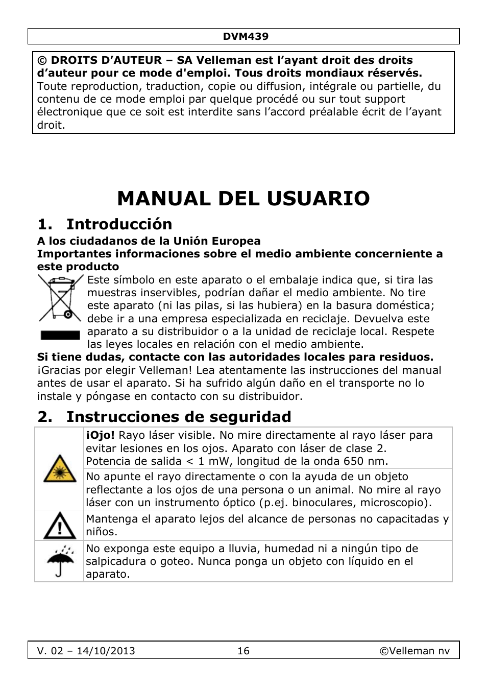 Manual del usuario, Introducción, Instrucciones de seguridad | Velleman DVM439 User Manual | Page 16 / 28