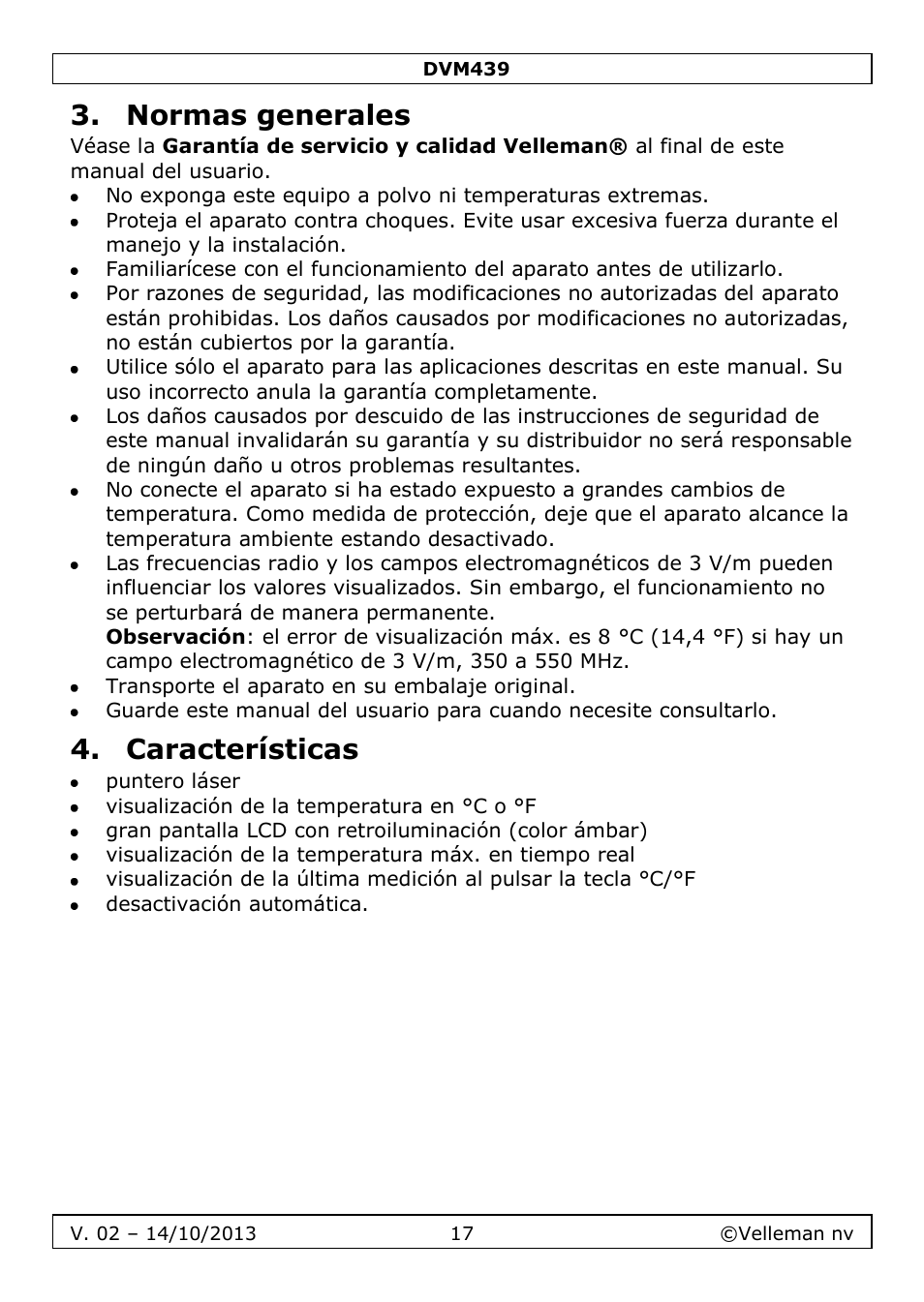 Normas generales, Características | Velleman DVM439 User Manual | Page 17 / 28