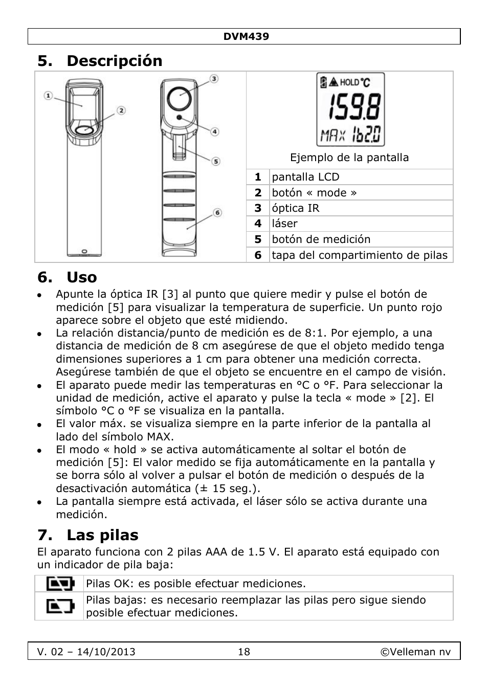 Descripción, Las pilas | Velleman DVM439 User Manual | Page 18 / 28