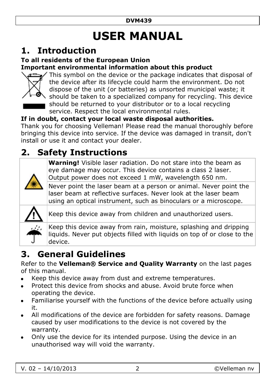 User manual, Introduction, Safety instructions | General guidelines | Velleman DVM439 User Manual | Page 2 / 28