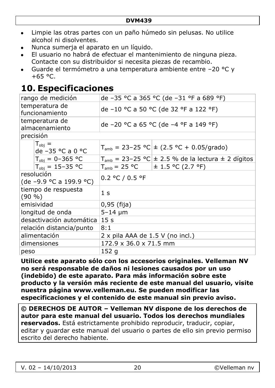 Especificaciones | Velleman DVM439 User Manual | Page 20 / 28