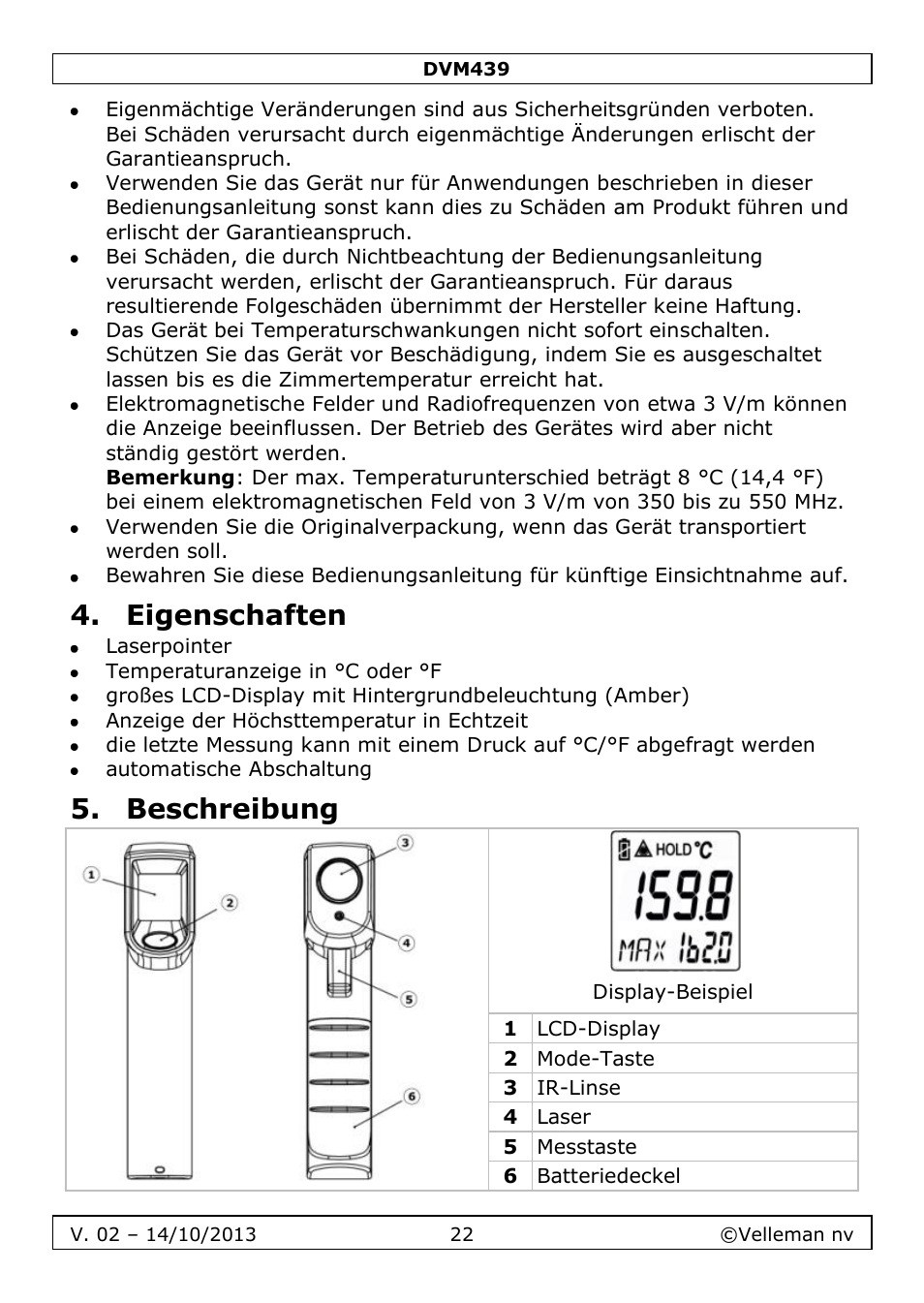 Eigenschaften, Beschreibung | Velleman DVM439 User Manual | Page 22 / 28