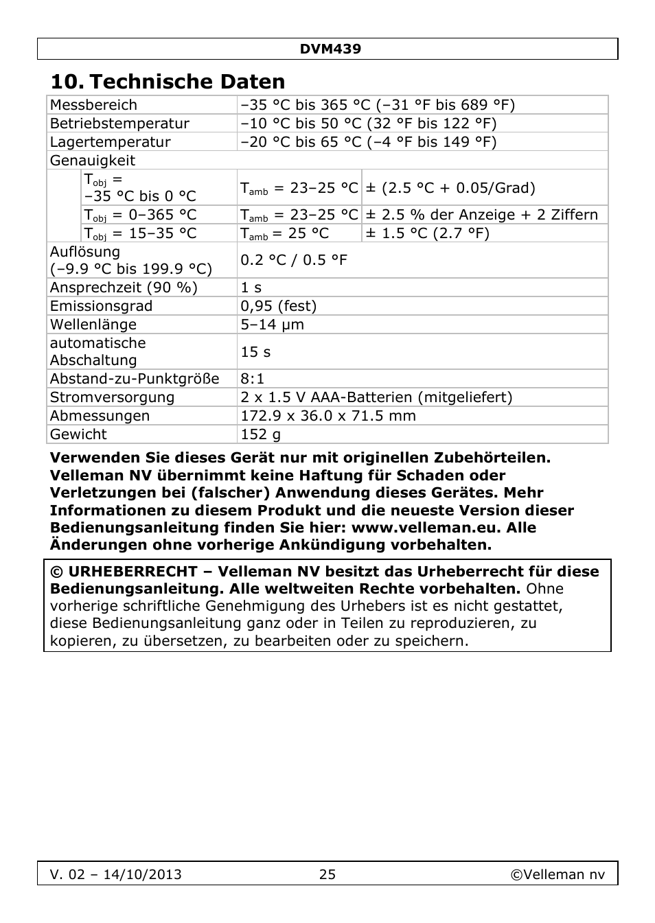 Technische daten | Velleman DVM439 User Manual | Page 25 / 28