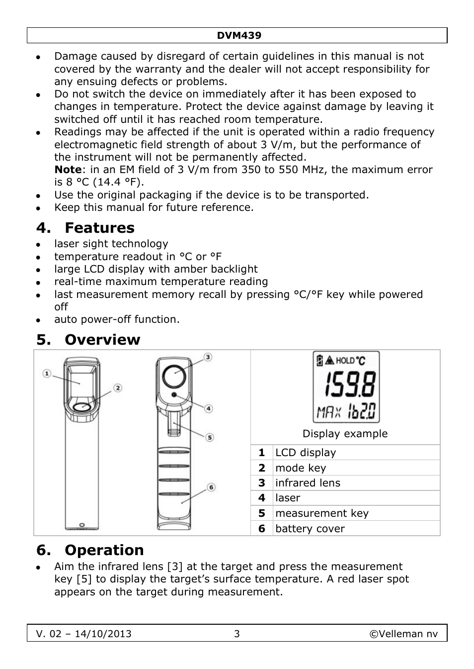 Features, Overview, Operation | Velleman DVM439 User Manual | Page 3 / 28