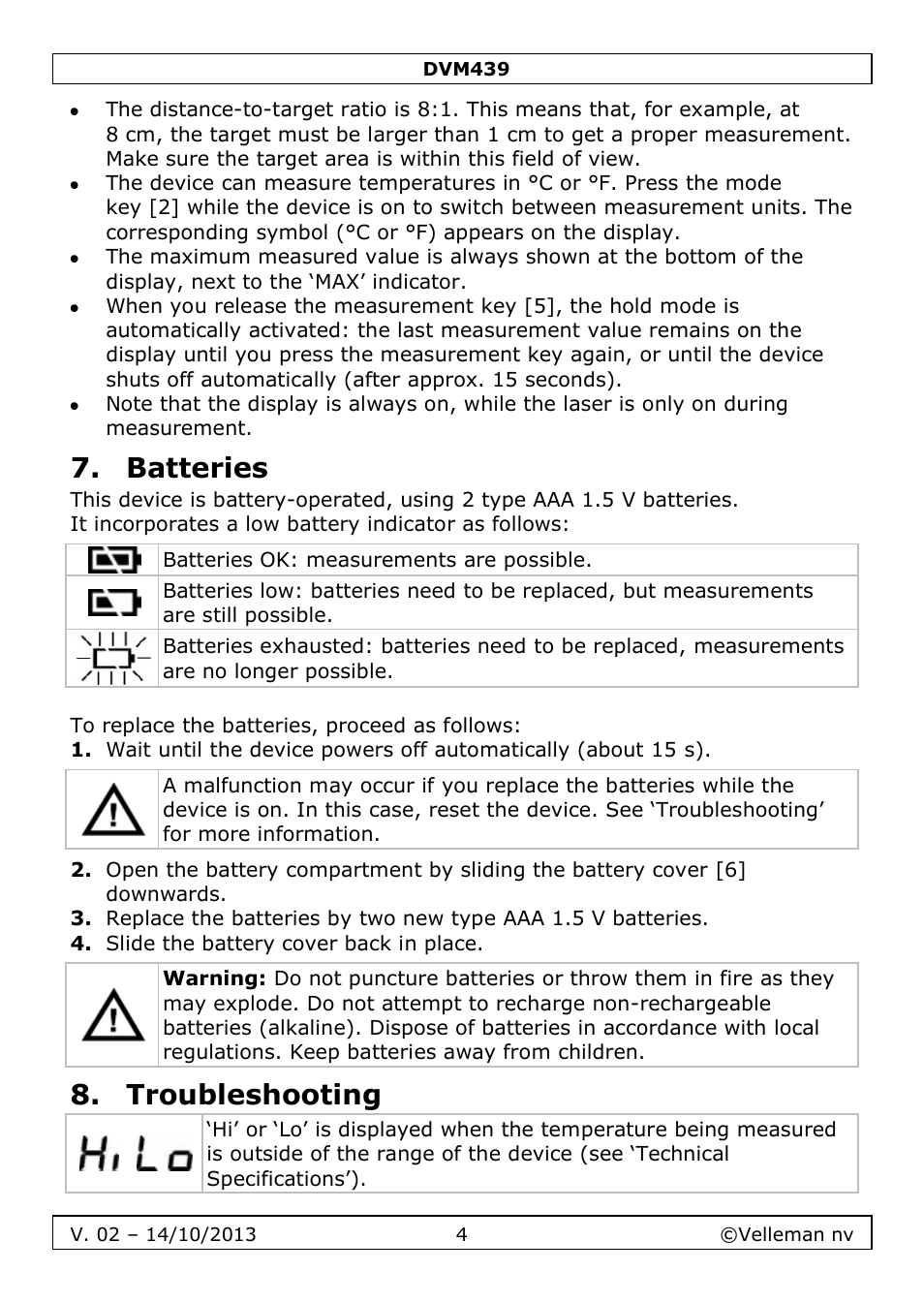 Batteries, Troubleshooting | Velleman DVM439 User Manual | Page 4 / 28