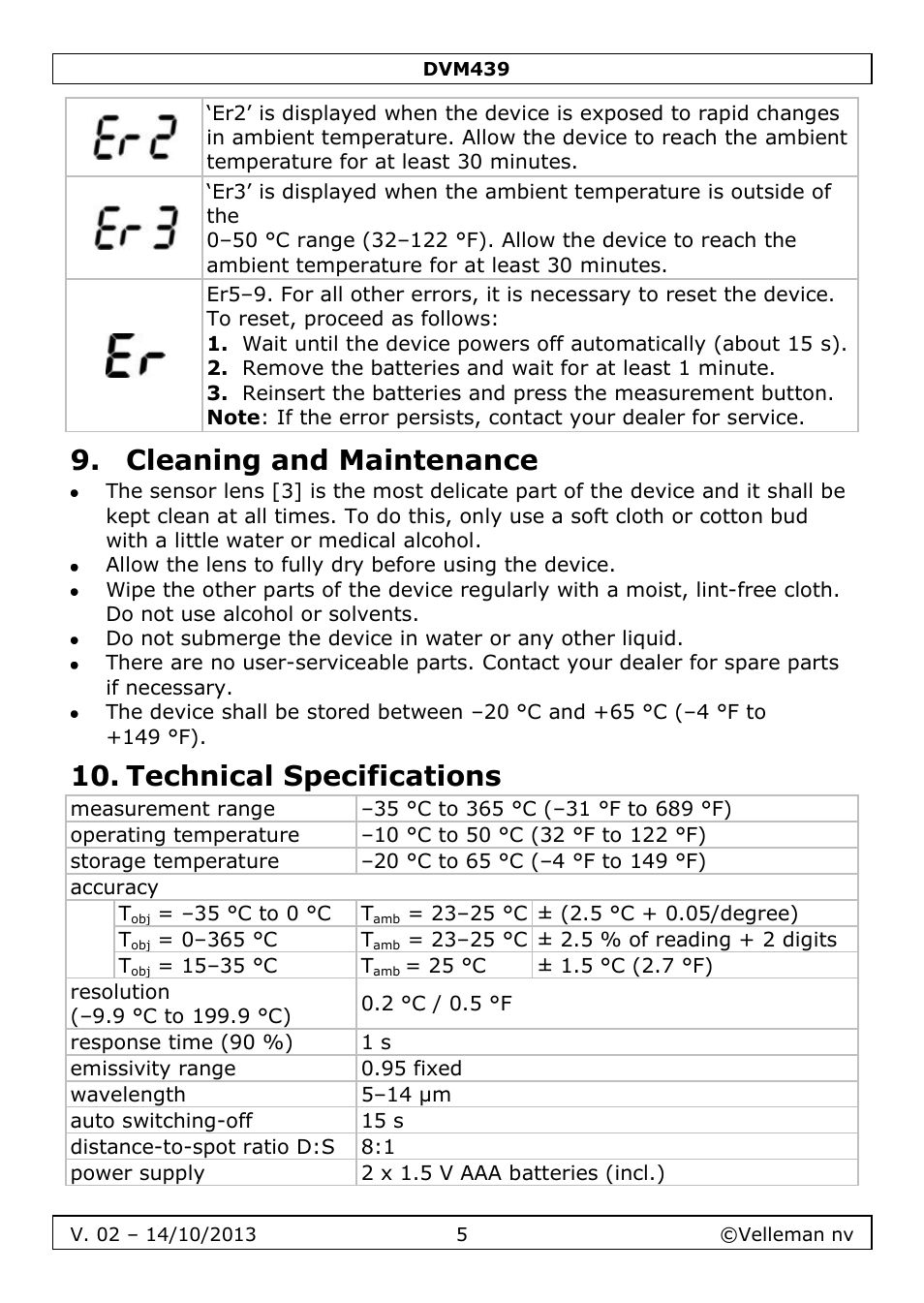 Cleaning and maintenance, Technical specifications | Velleman DVM439 User Manual | Page 5 / 28