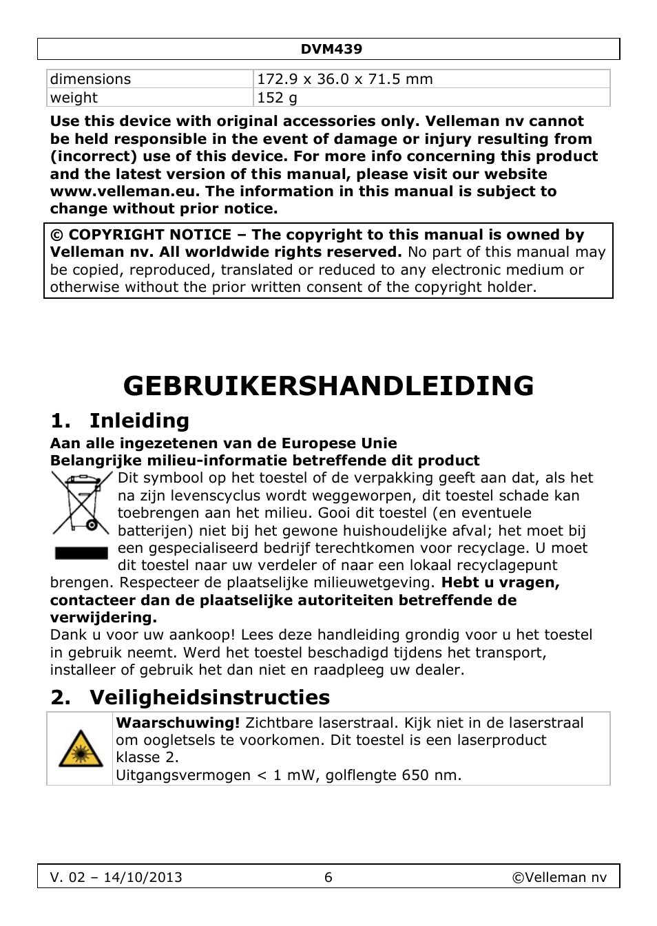 Gebruikershandleiding, Inleiding, Veiligheidsinstructies | Velleman DVM439 User Manual | Page 6 / 28