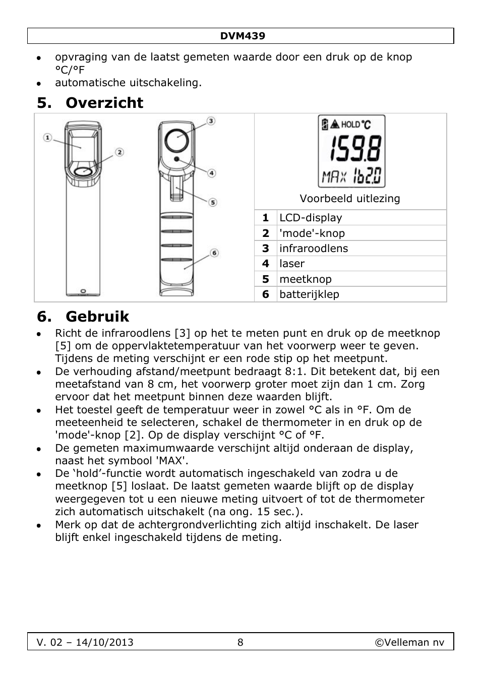 Overzicht, Gebruik | Velleman DVM439 User Manual | Page 8 / 28