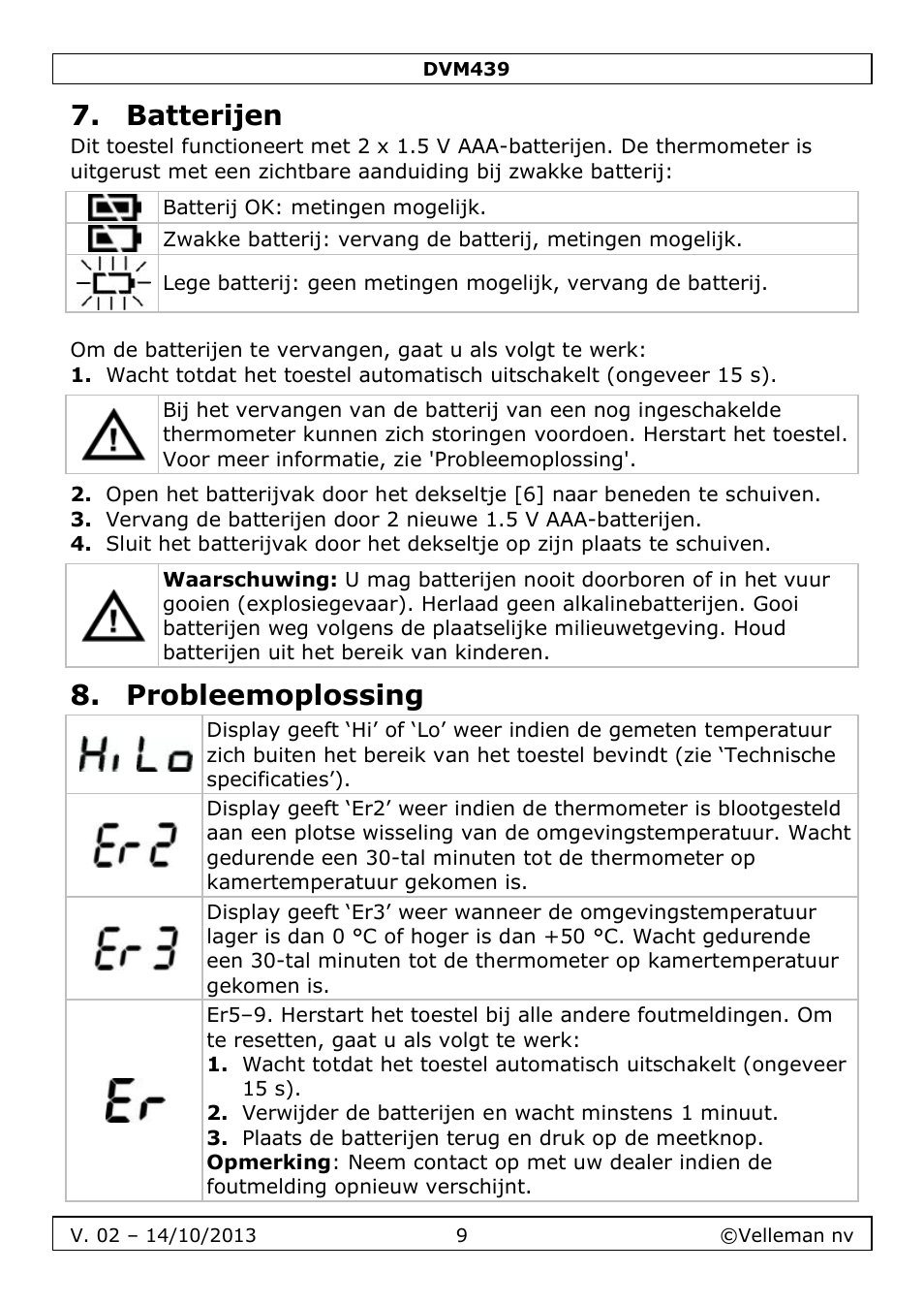 Batterijen, Probleemoplossing | Velleman DVM439 User Manual | Page 9 / 28