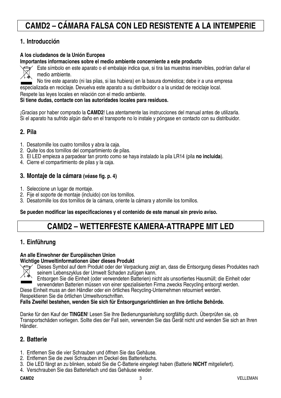 Camd2 – wetterfeste kamera-attrappe mit led | Velleman CAMD2 User Manual | Page 3 / 5