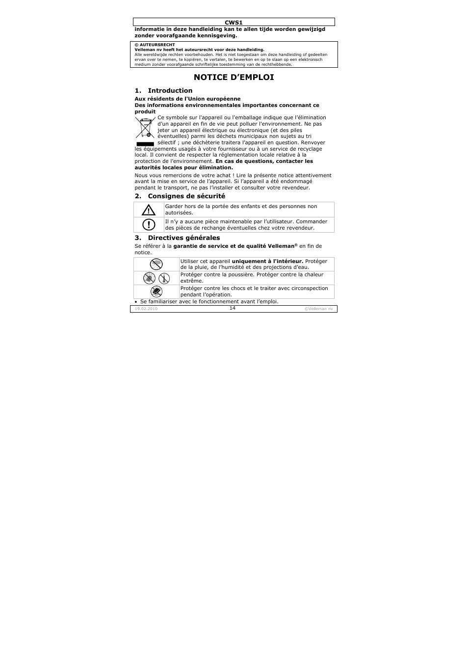 Notice d’emploi | Velleman CWS1 User Manual | Page 14 / 41