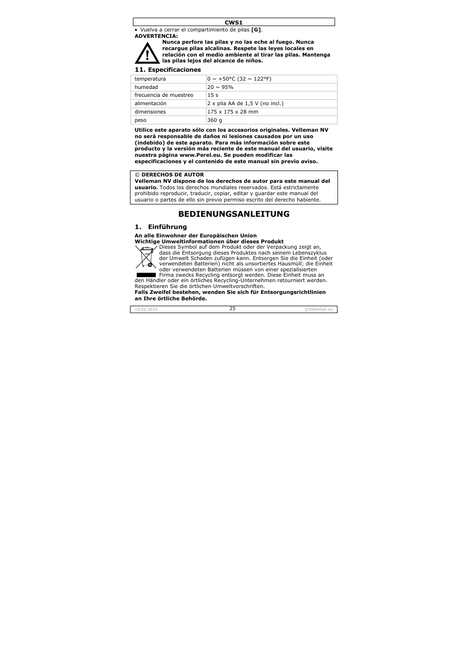 Bedienungsanleitung | Velleman CWS1 User Manual | Page 25 / 41