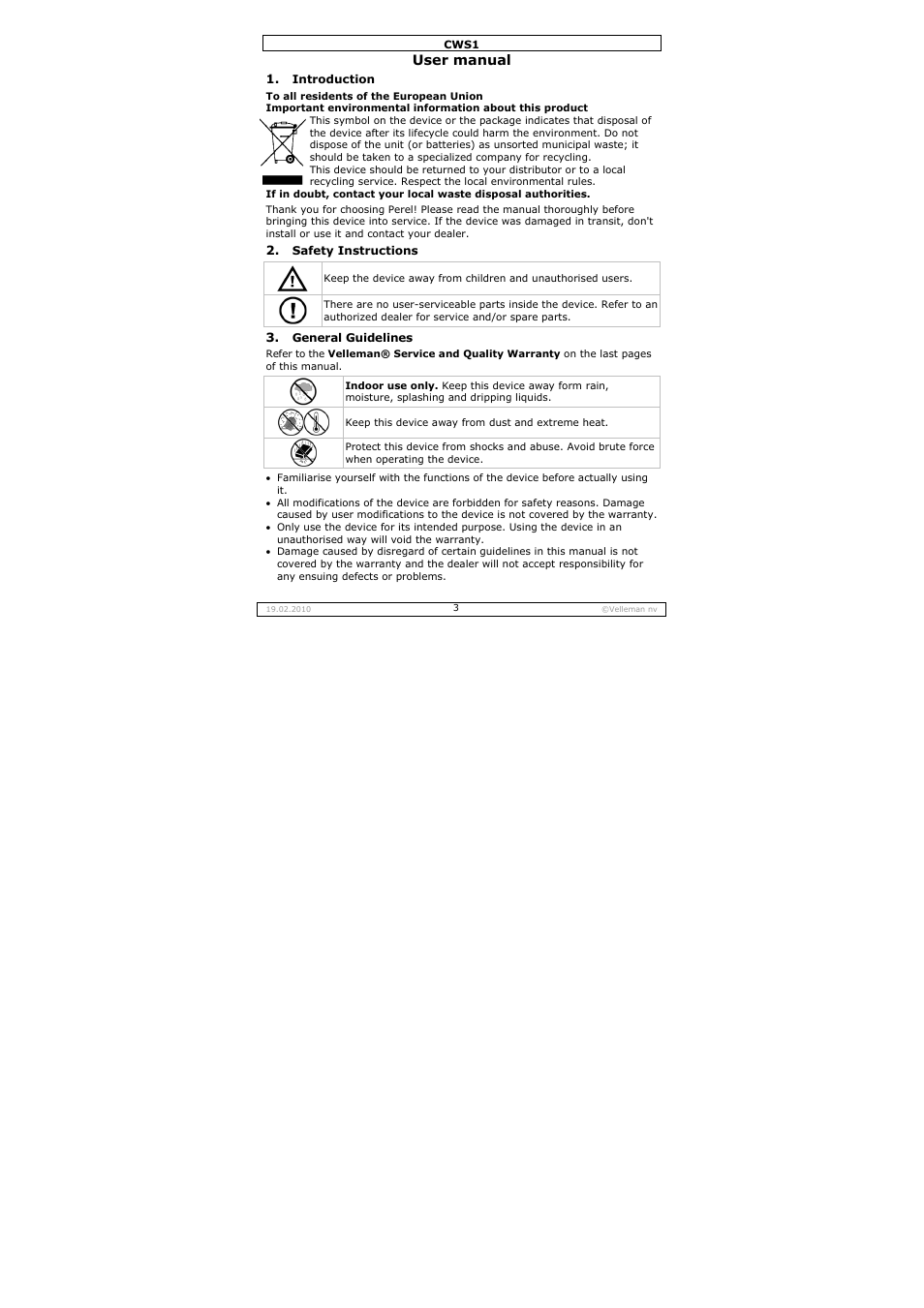 User manual | Velleman CWS1 User Manual | Page 3 / 41