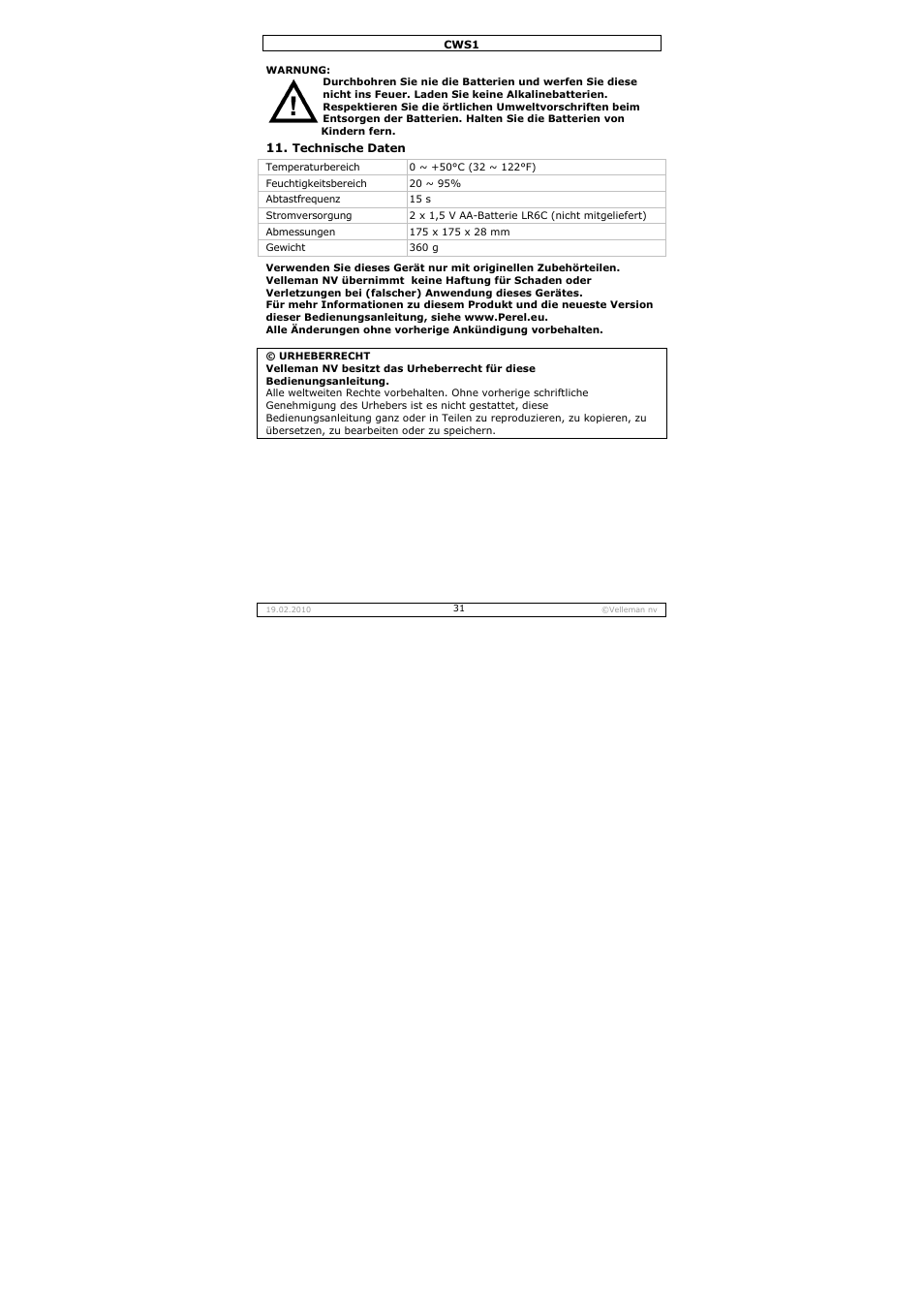 Velleman CWS1 User Manual | Page 31 / 41