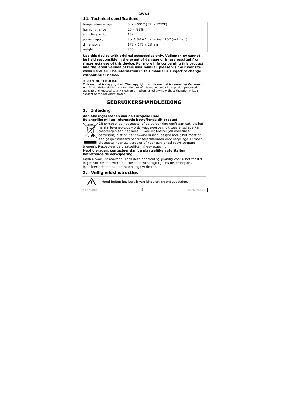 Gebruikershandleiding | Velleman CWS1 User Manual | Page 8 / 41