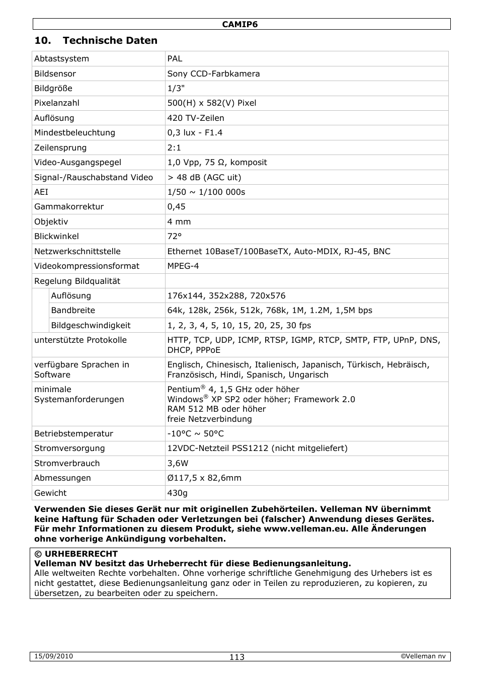 Technische daten | Velleman CAMIP6 User Manual | Page 113 / 115