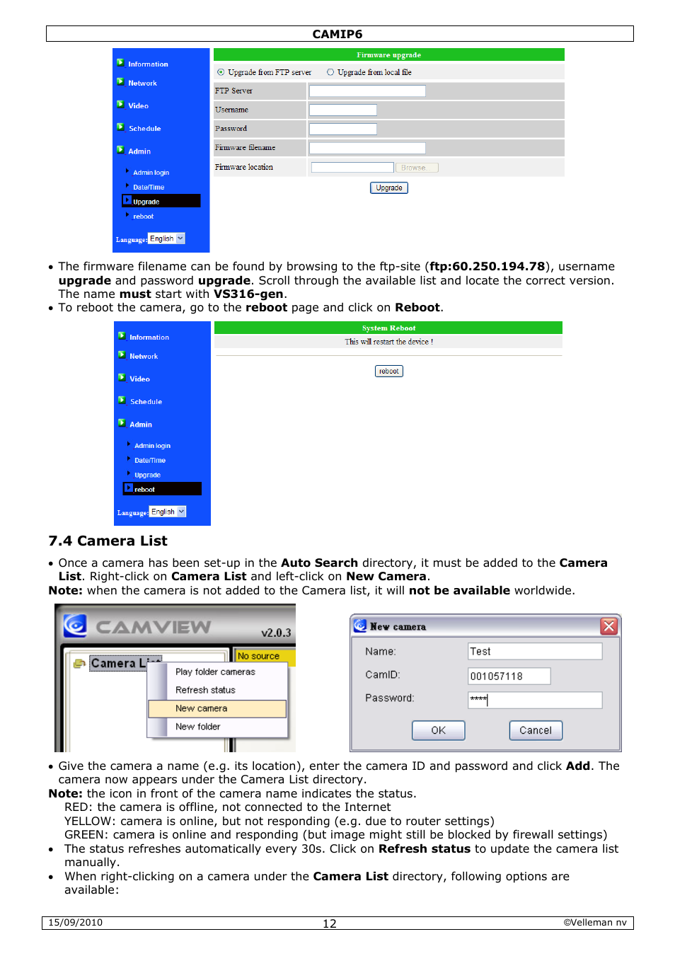 Velleman CAMIP6 User Manual | Page 12 / 115