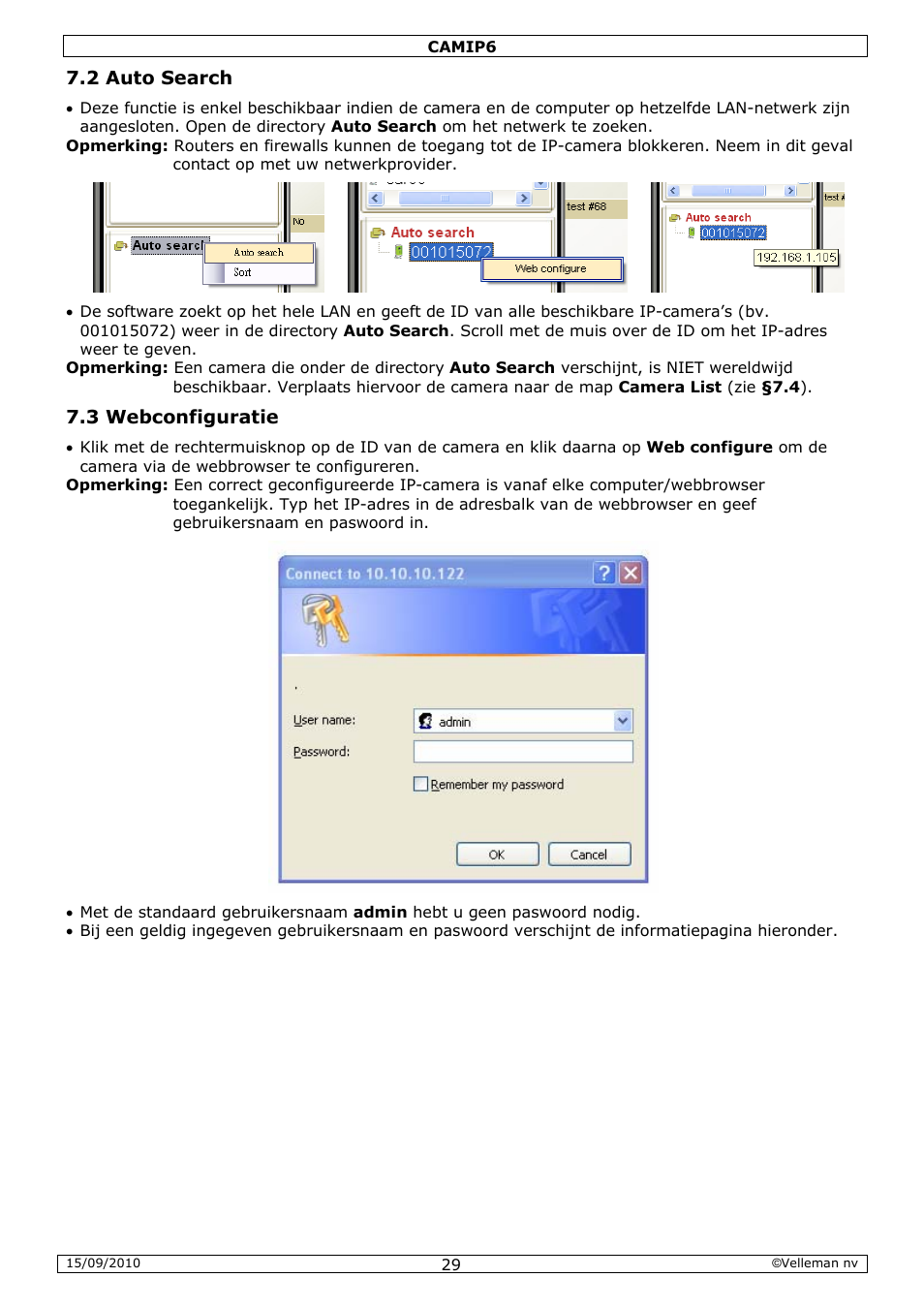 2 auto search, 3 webconfiguratie | Velleman CAMIP6 User Manual | Page 29 / 115