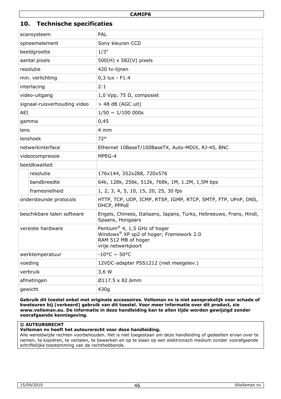 Technische specificaties | Velleman CAMIP6 User Manual | Page 46 / 115