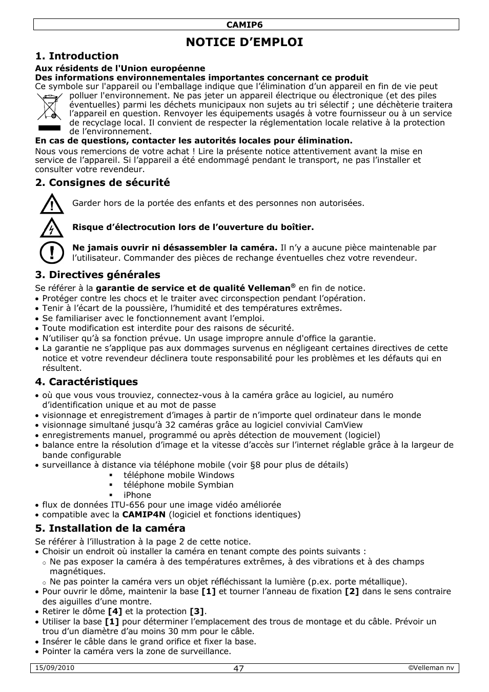 Notic, Ce d’em, Mploi | Velleman CAMIP6 User Manual | Page 47 / 115