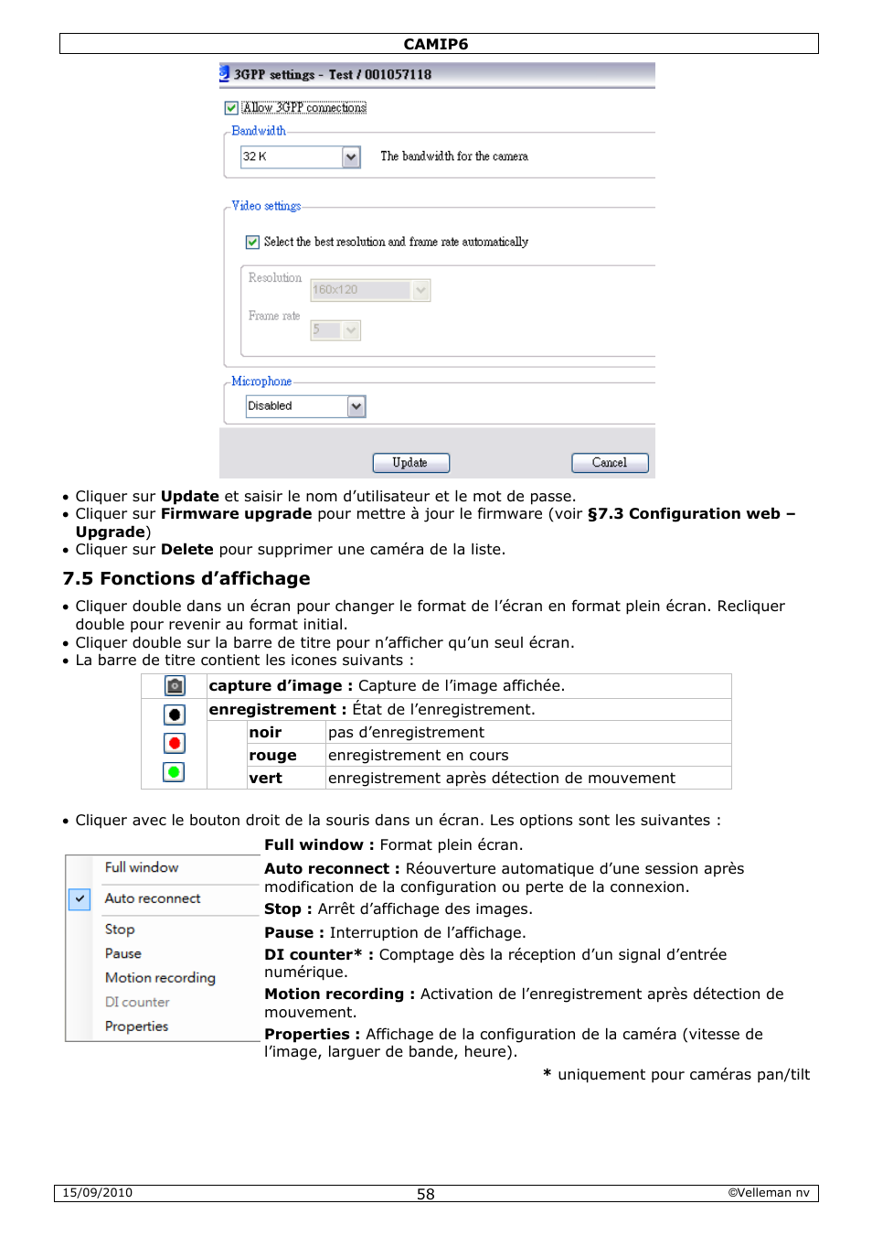 5 fonctions d’affichage | Velleman CAMIP6 User Manual | Page 58 / 115