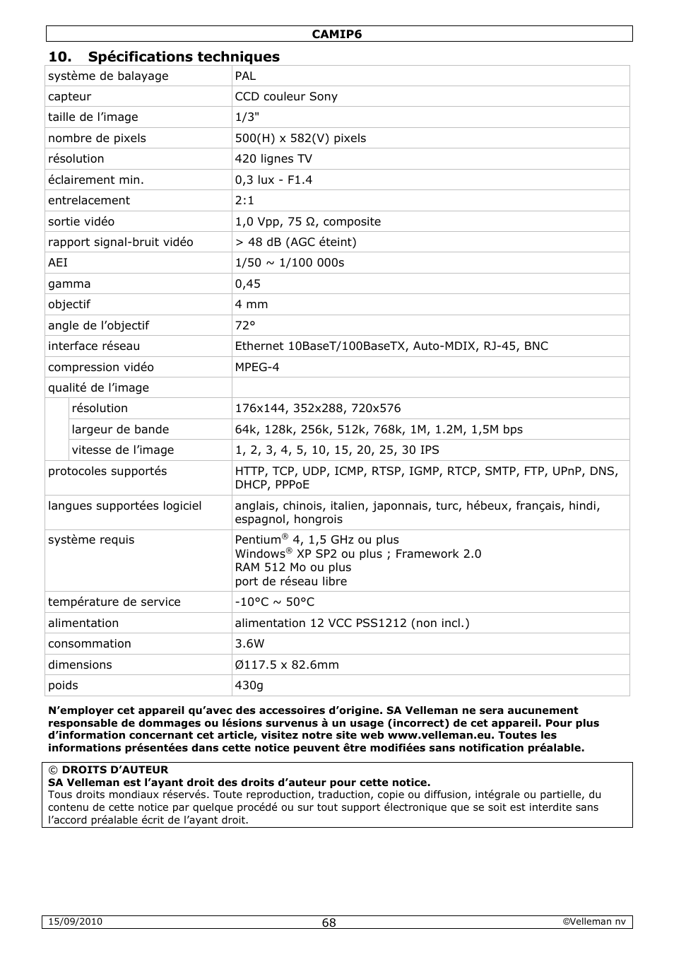 Spécifications techniques | Velleman CAMIP6 User Manual | Page 68 / 115